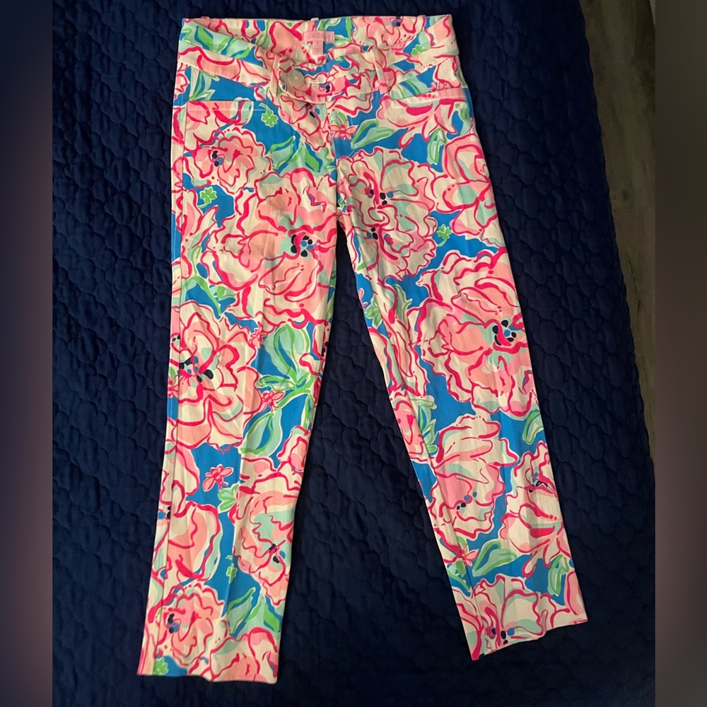 Lilly Pullitzer Floral Print Cotton-Blend Stretch Pants - Pink & Blue
